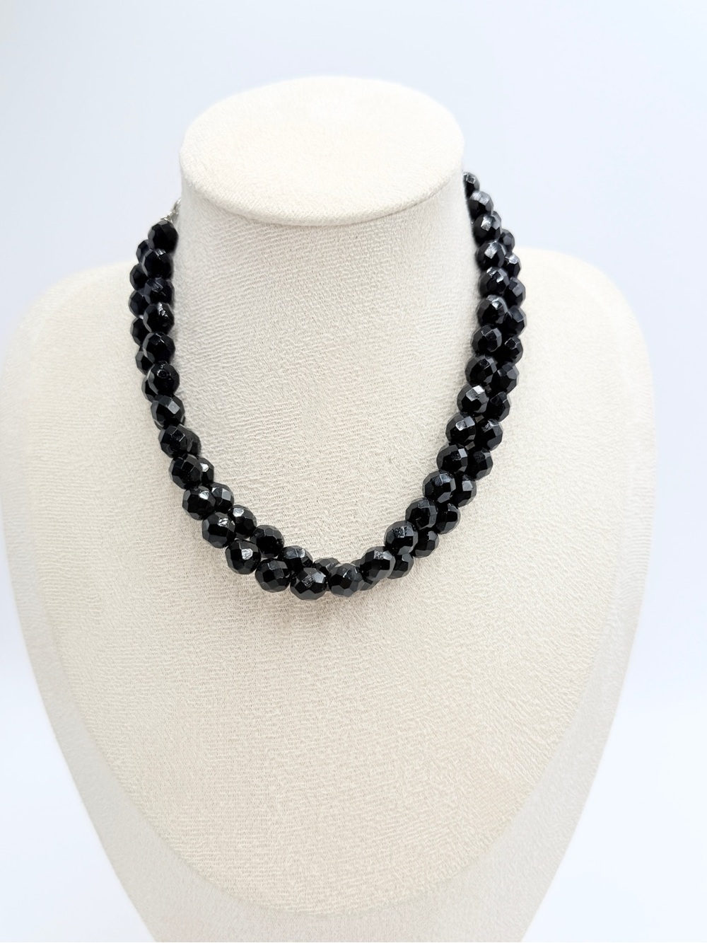 Vintage Double Strand Black Faceted Glass Bead Necklace Art Deco